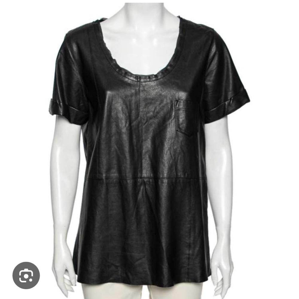 Diane Von Furstenberg Black Faux Leather Short Sleeve Tee